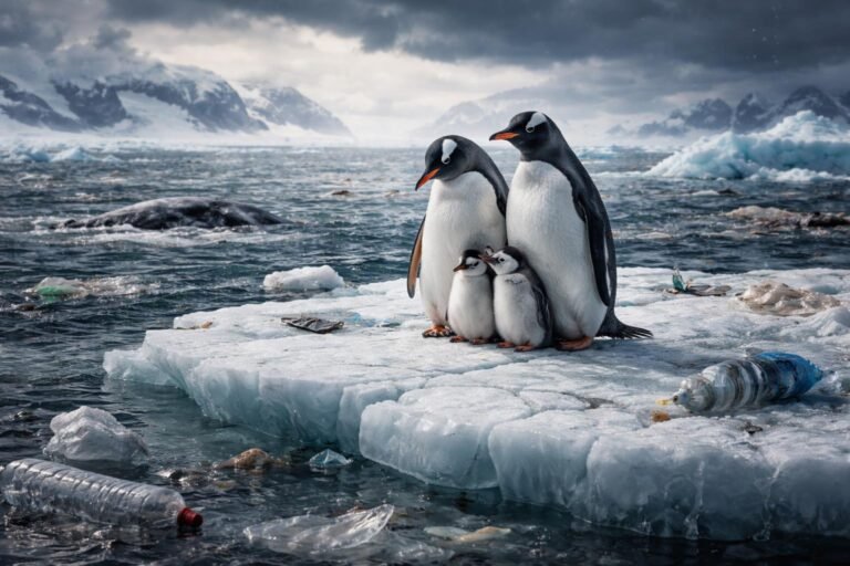 Egy veszélyben lévő pingvin a jeges tengerparton, a klímaváltozás árnyékában