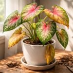 Caladium levél sárgulását vagy barnulását vizuálisan bemutató beltéri növény környezeti tényezők és öntözés tükrében