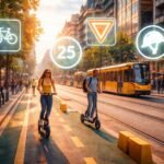 Közlekedési szabályok előtt álló elektromos roller a városban felhívja a figyelmet