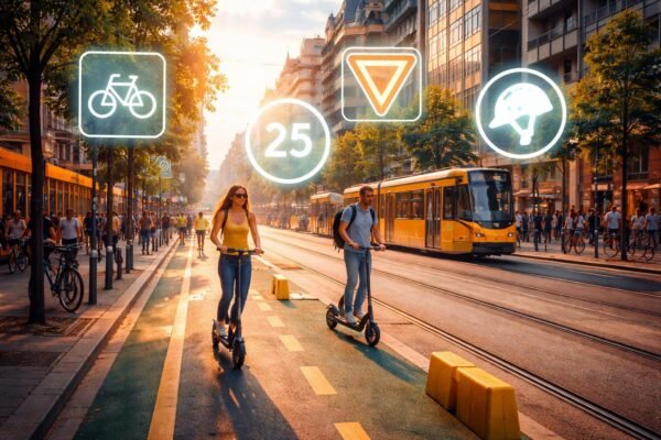 Közlekedési szabályok előtt álló elektromos roller a városban felhívja a figyelmet